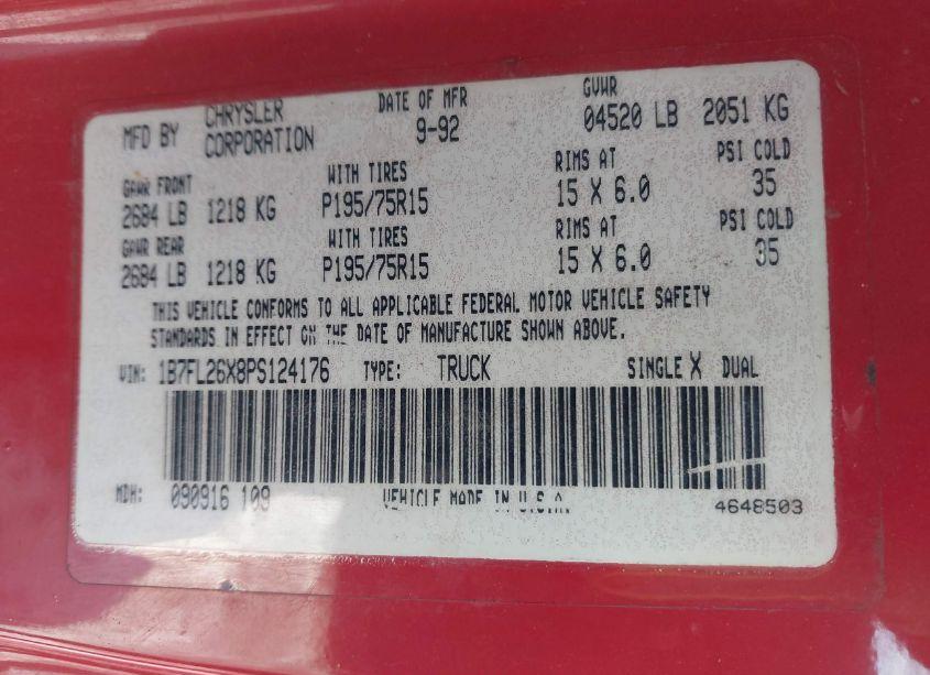 Photo 9 of 1993 Dodge Dakota (VIN 1B7FL26X8PS124176)