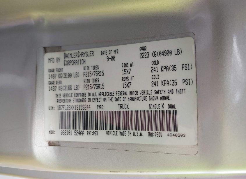 Photo 9 of 2001 Dodge Dakota SLT/SPORT (VIN 1B7FL26XX1S159244)