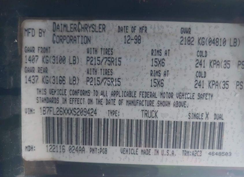 Photo 9 of 1999 Dodge Dakota SLT/SPORT (VIN 1B7FL26XXXS209424)