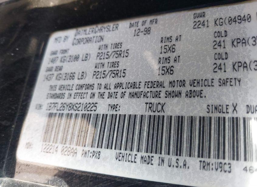 Photo 9 of 1999 Dodge Dakota SLT/SPORT (VIN 1B7FL26Y8XS210225)