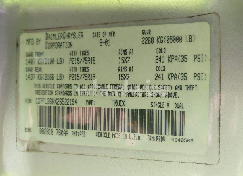 Photo 9 of 2002 Dodge Dakota SPORT (VIN 1B7FL36NX2S522194)