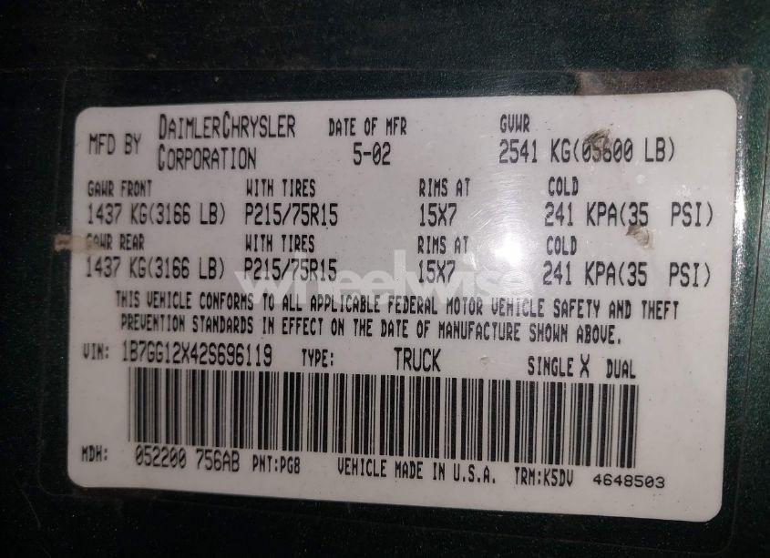 Photo 9 of 2002 Dodge Dakota (VIN 1B7GG12X42S696119)