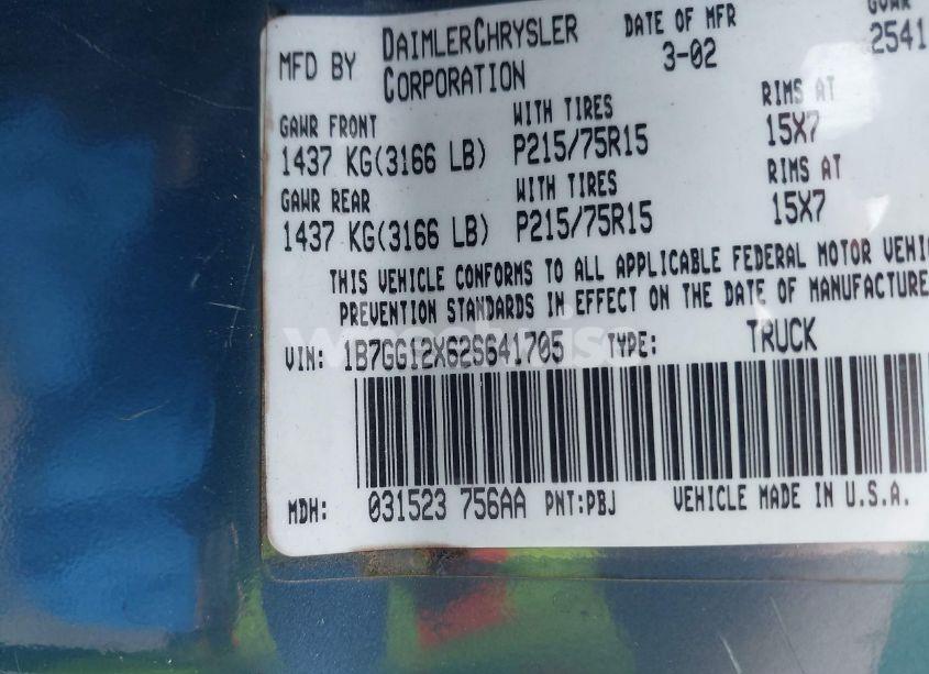 Photo 9 of 2002 Dodge Dakota (VIN 1B7GG12X62S641705)