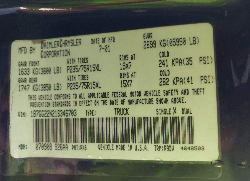 Photo 9 of 2001 Dodge Dakota SLT/SPORT (VIN 1B7GG22N21S346703)