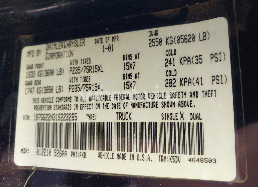 Photo 9 of 2001 Dodge Dakota SLT/SPORT (VIN 1B7GG22N31S223265)