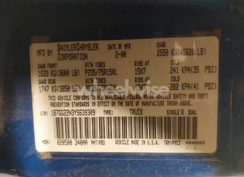 Photo 9 of 2000 Dodge Dakota SLT/SPORT (VIN 1B7GG22N3YS639309)