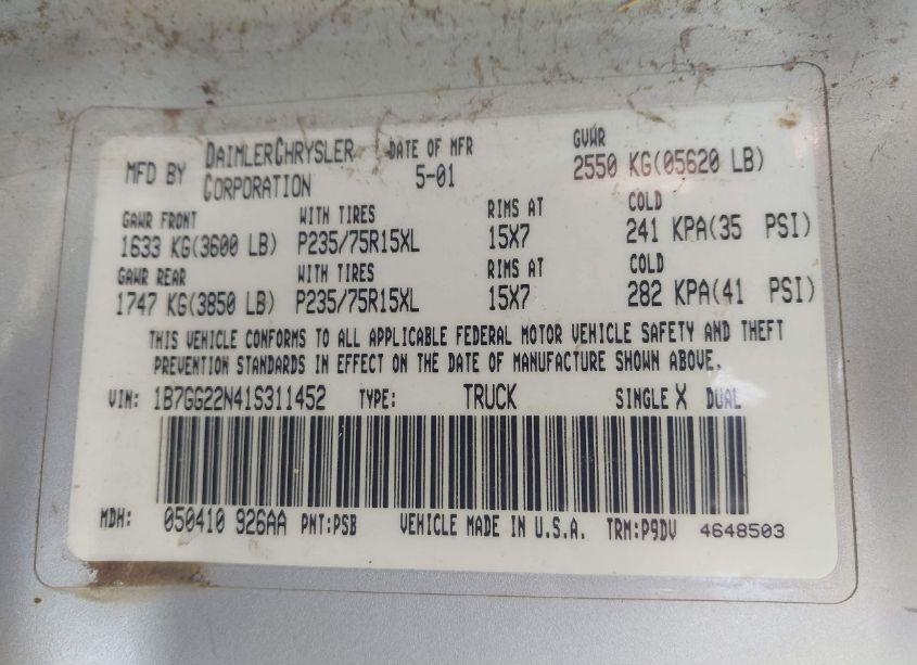 Photo 9 of 2001 Dodge Dakota SLT/SPORT (VIN 1B7GG22N41S311452)