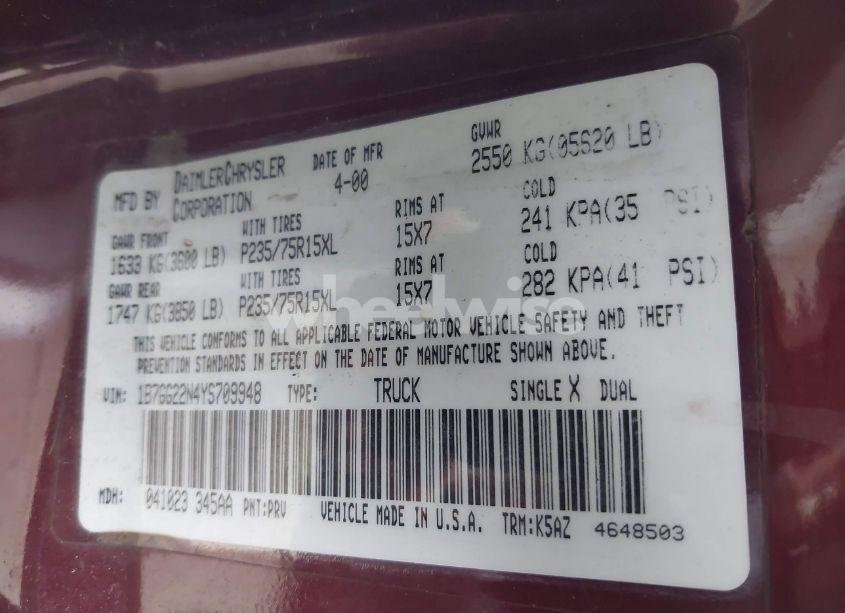 Photo 9 of 2000 Dodge Dakota SLT/SPORT (VIN 1B7GG22N4YS709948)