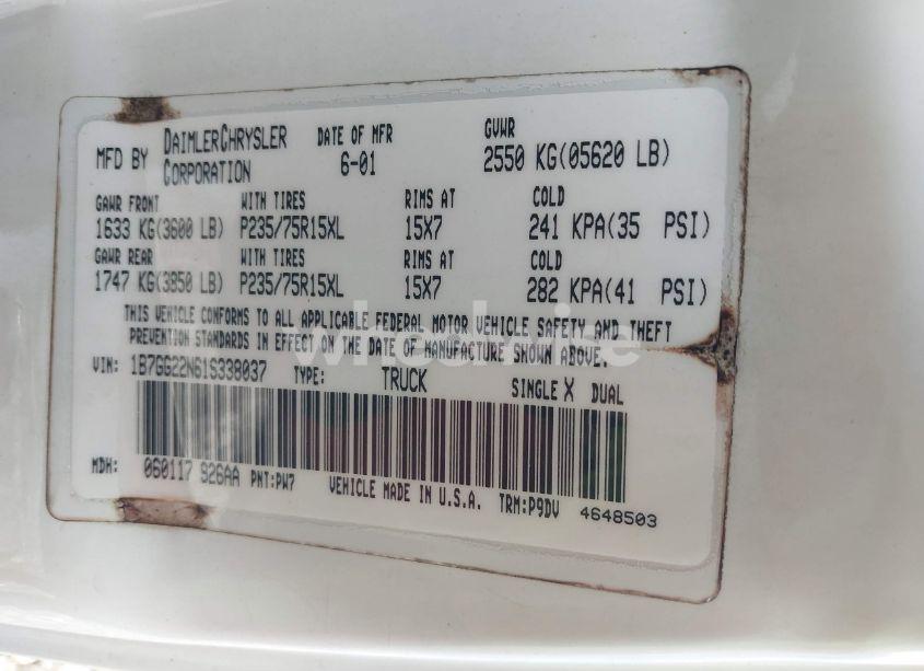 Photo 9 of 2001 Dodge Dakota SLT/SPORT (VIN 1B7GG22N61S338037)