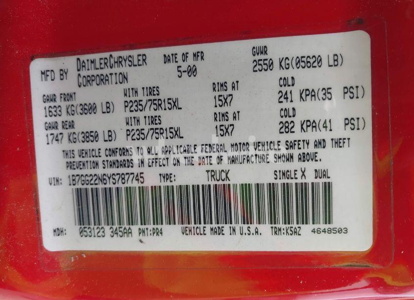 Photo 9 of 2000 Dodge Dakota SLT/SPORT (VIN 1B7GG22N6YS787745)