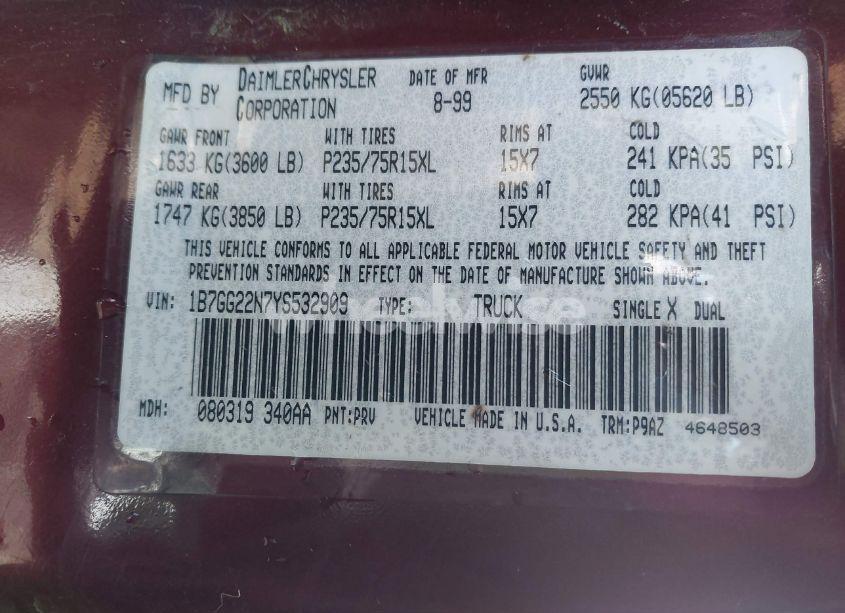 Photo 9 of 2000 Dodge Dakota SLT/SPORT (VIN 1B7GG22N7YS532909)