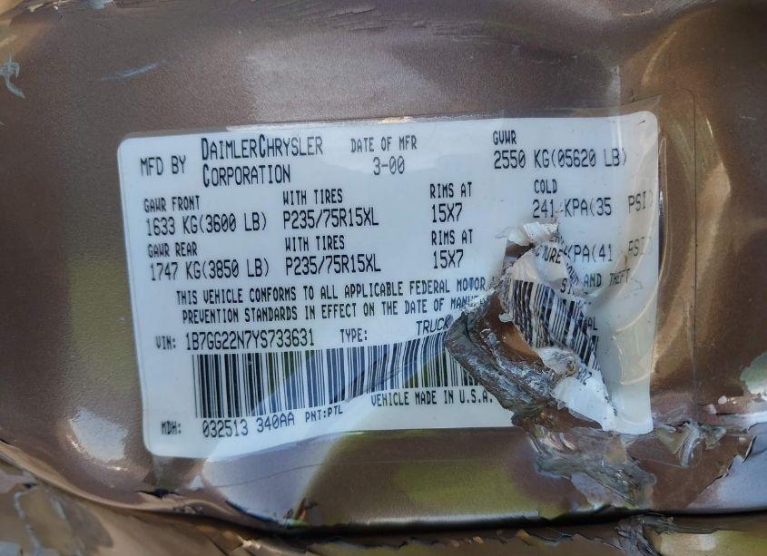 Photo 9 of 2000 Dodge Dakota SLT/SPORT (VIN 1B7GG22N7YS733631)