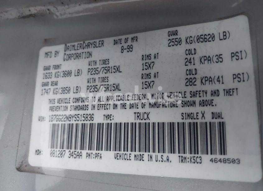 Photo 9 of 2000 Dodge Dakota SLT/SPORT (VIN 1B7GG22N9YS515836)