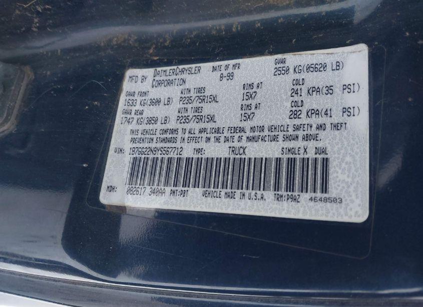 Photo 9 of 2000 Dodge Dakota SLT/SPORT (VIN 1B7GG22N9YS567712)