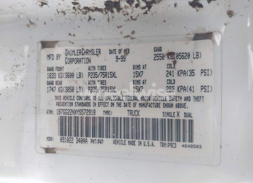 Photo 9 of 2000 Dodge Dakota SLT/SPORT (VIN 1B7GG22NXYS572918)