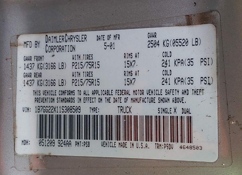 Photo 9 of 2001 Dodge Dakota SLT/SPORT (VIN 1B7GG22X11S308509)