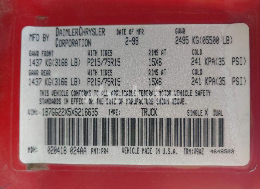 Photo 9 of 1999 Dodge Dakota SLT/SPORT (VIN 1B7GG22X5XS216635)