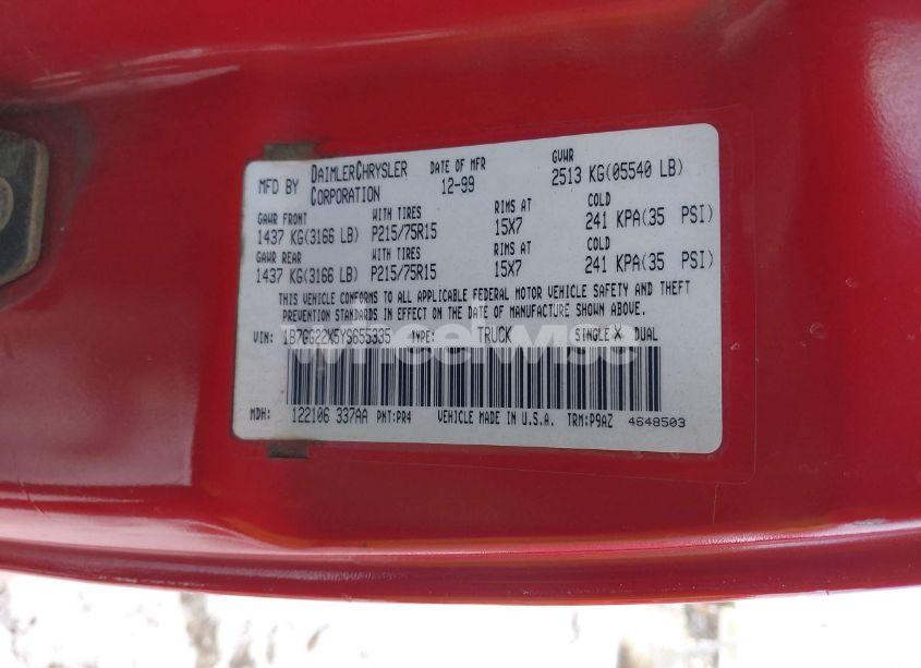 Photo 9 of 2000 Dodge Dakota SLT/SPORT (VIN 1B7GG22X5YS655335)