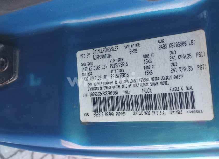 Photo 9 of 1999 Dodge Dakota SLT/SPORT (VIN 1B7GG22X7XS301900)