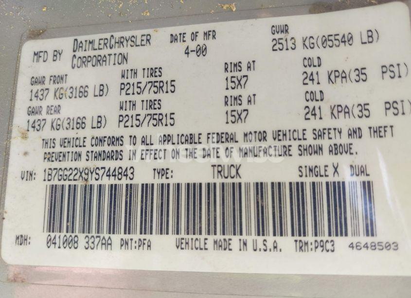 Photo 9 of 2000 Dodge Dakota SLT/SPORT (VIN 1B7GG22X9YS744843)