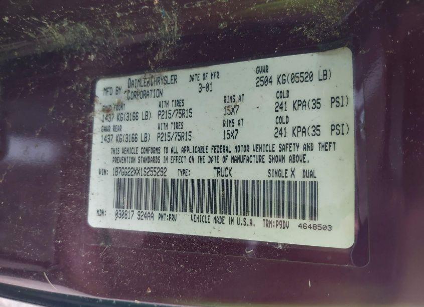 Photo 9 of 2001 Dodge Dakota SLT/SPORT (VIN 1B7GG22XX1S255292)