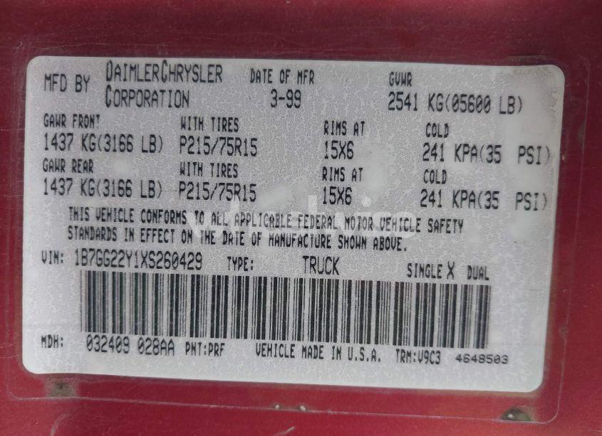 Photo 9 of 1999 Dodge Dakota SLT/SPORT (VIN 1B7GG22Y1XS260429)