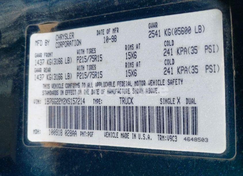 Photo 9 of 1999 Dodge Dakota SLT/SPORT (VIN 1B7GG22Y2XS157214)