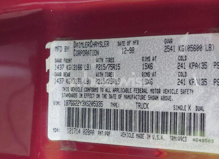 Photo 9 of 1999 Dodge Dakota SLT/SPORT (VIN 1B7GG22Y3XS205335)