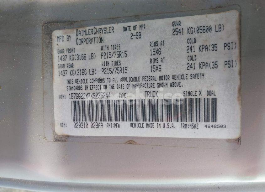 Photo 9 of 1999 Dodge Dakota SLT/SPORT (VIN 1B7GG22Y7XS235244)