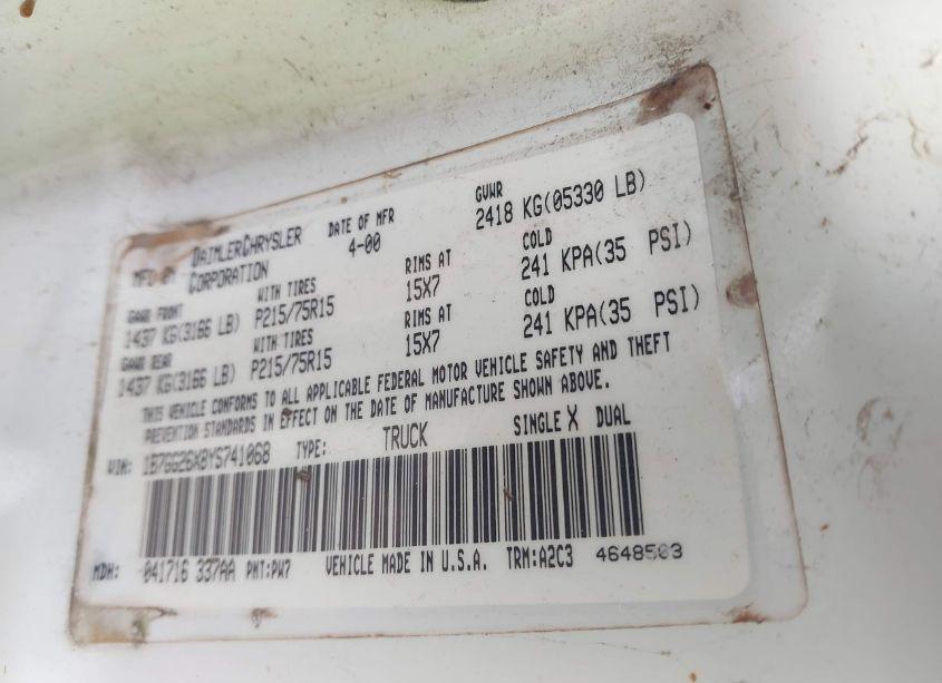 Photo 9 of 2000 Dodge Dakota SLT/SPORT (VIN 1B7GG26X8YS741068)