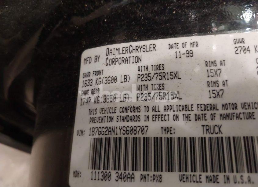 Photo 9 of 2000 Dodge Dakota SLT/SPORT (VIN 1B7GG2AN1YS608707)