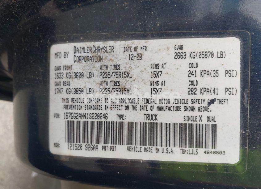 Photo 9 of 2001 Dodge Dakota SLT/SPORT (VIN 1B7GG2AN41S220246)