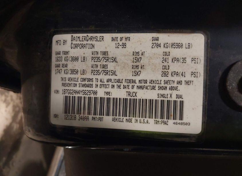 Photo 9 of 2000 Dodge Dakota SLT/SPORT (VIN 1B7GG2AN4YS629700)