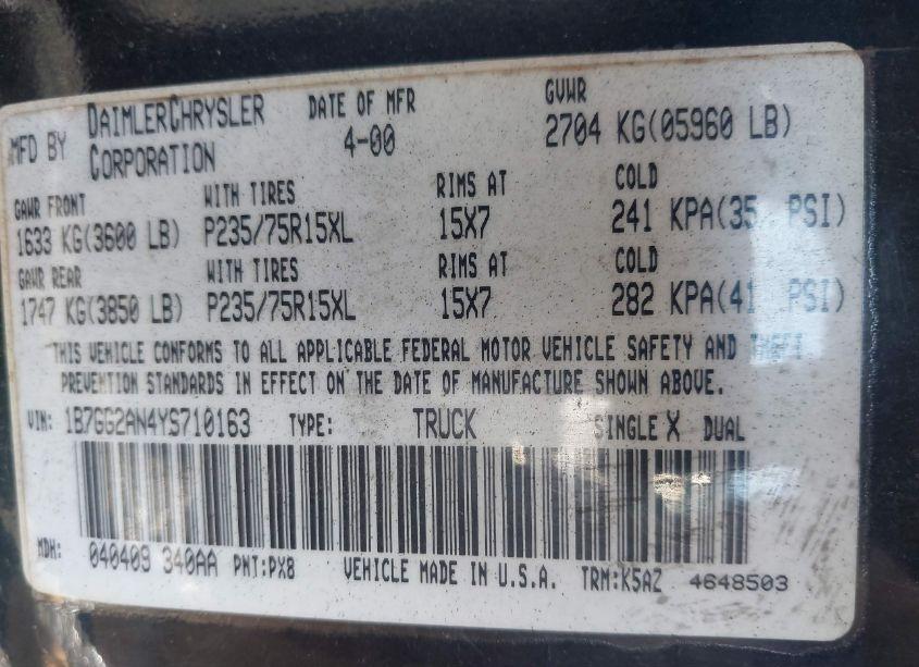 Photo 9 of 2000 Dodge Dakota SLT/SPORT (VIN 1B7GG2AN4YS710163)