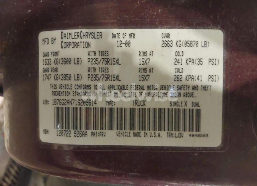 Photo 9 of 2001 Dodge Dakota SLT/SPORT (VIN 1B7GG2AN71S209614)