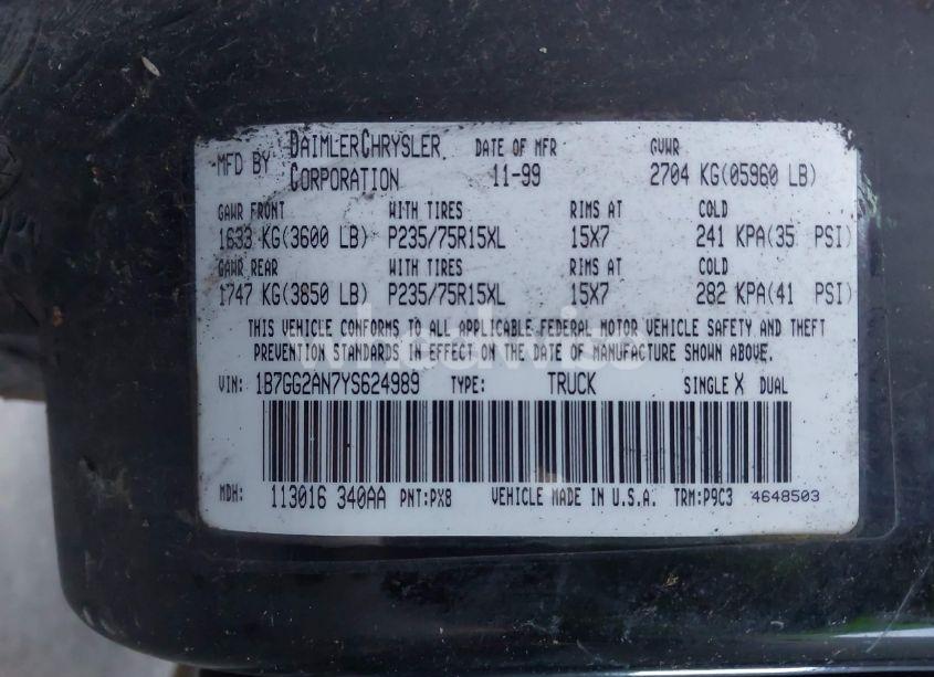 Photo 9 of 2000 Dodge Dakota SLT/SPORT (VIN 1B7GG2AN7YS624989)