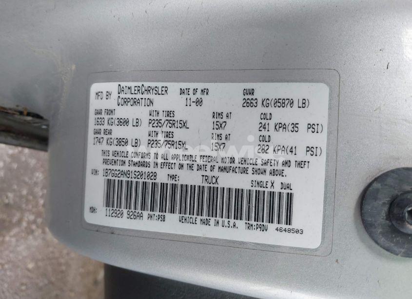 Photo 9 of 2001 Dodge Dakota SLT/SPORT (VIN 1B7GG2AN91S201028)