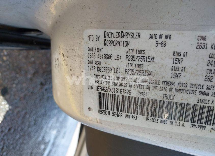 Photo 9 of 2001 Dodge Dakota SLT/SPORT (VIN 1B7GG2AX51S167476)