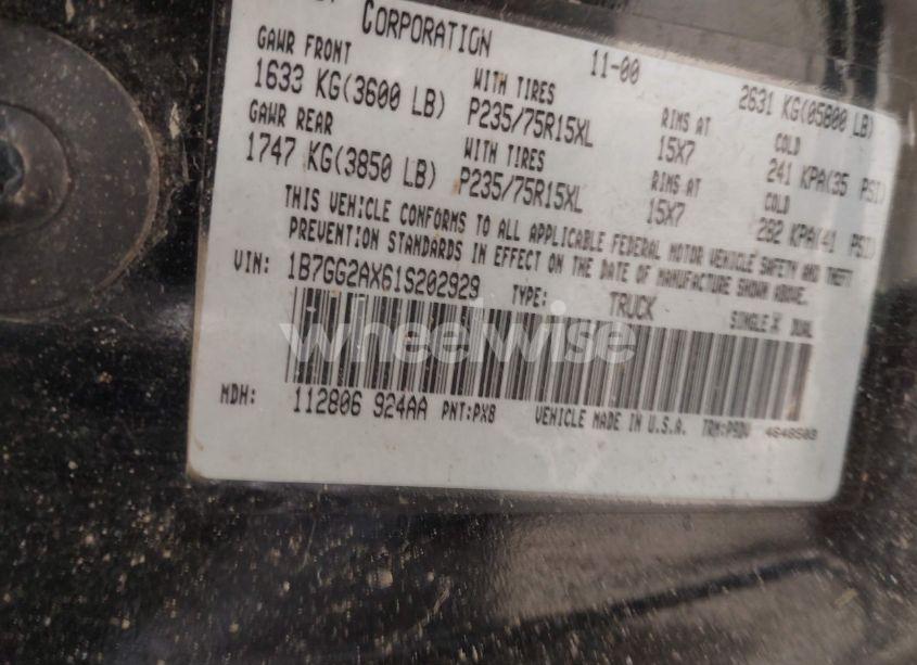 Photo 9 of 2001 Dodge Dakota SLT/SPORT (VIN 1B7GG2AX61S202929)