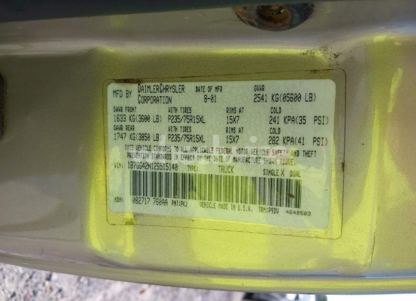 Photo 9 of 2002 Dodge Dakota SLT (VIN 1B7GG42N12S515140)