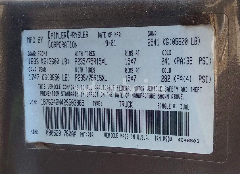 Photo 9 of 2002 Dodge Dakota SLT (VIN 1B7GG42N42S503869)