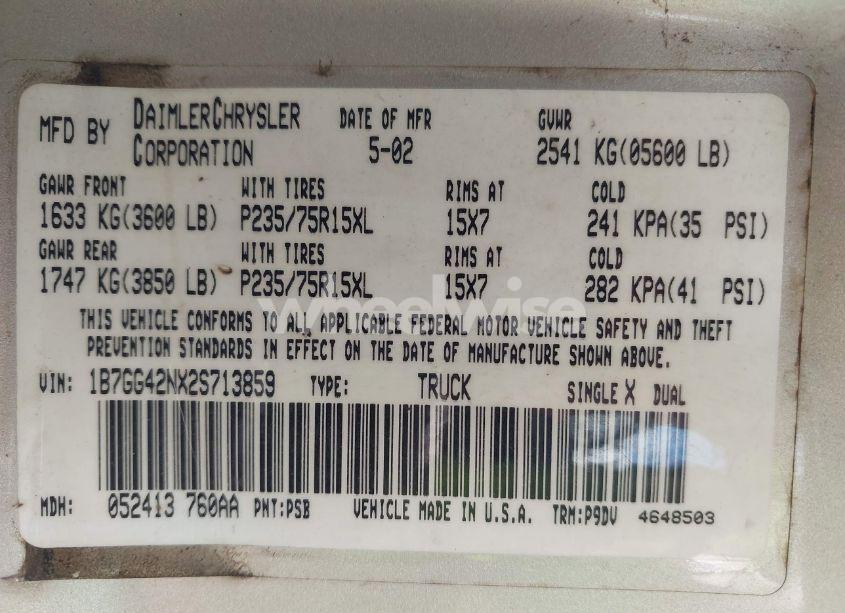 Photo 9 of 2002 Dodge Dakota SLT (VIN 1B7GG42NX2S713859)