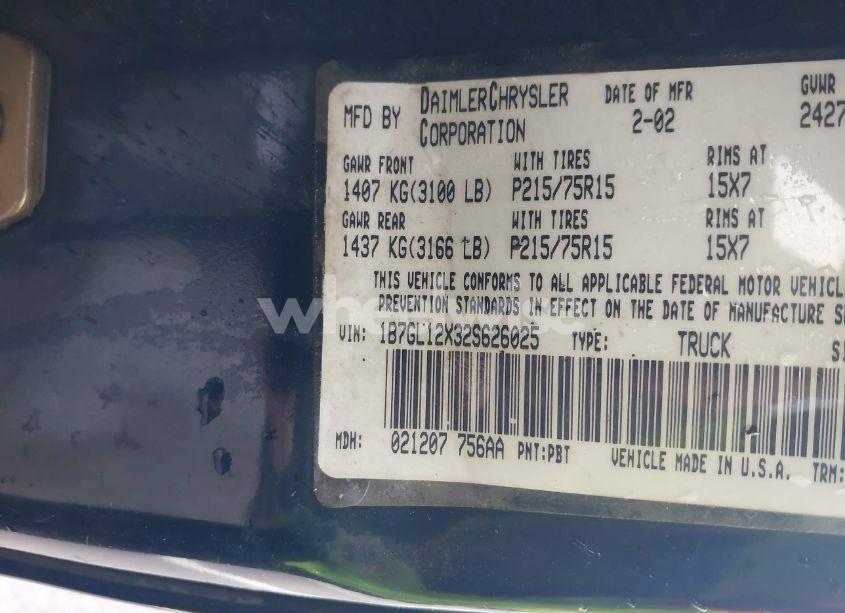 Photo 9 of 2002 Dodge Dakota (VIN 1B7GL12X32S626025)