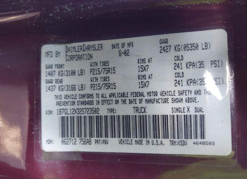 Photo 9 of 2002 Dodge Dakota (VIN 1B7GL12X32S723502)