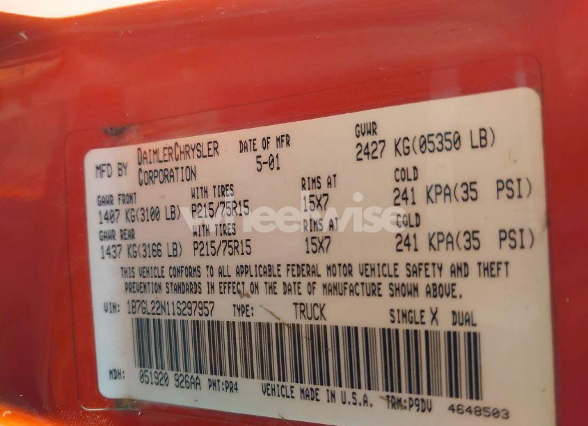 Photo 9 of 2001 Dodge Dakota SLT/SPORT (VIN 1B7GL22N11S297957)