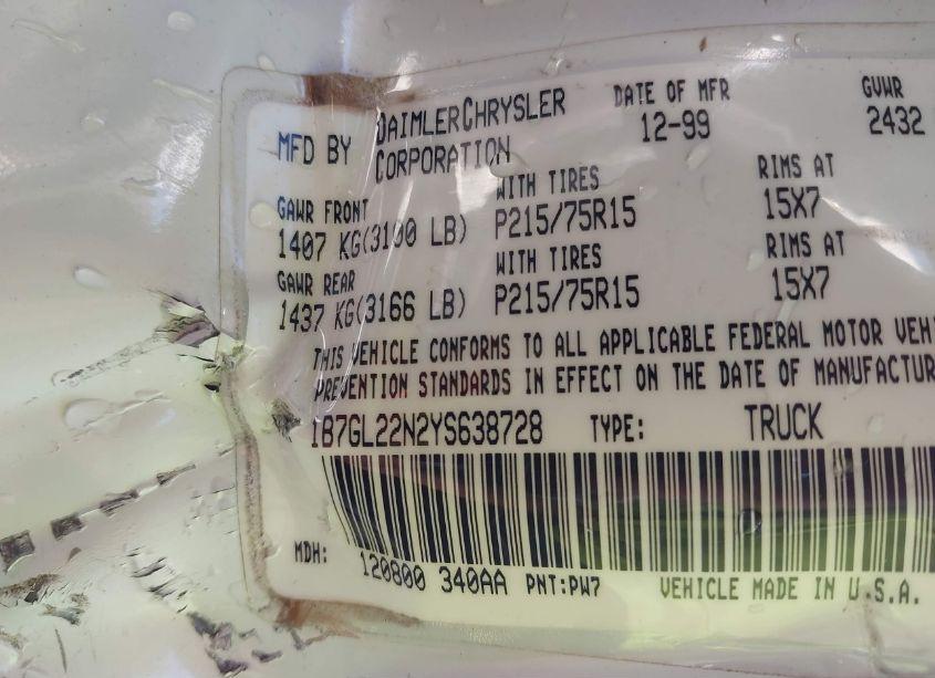 Photo 9 of 2000 Dodge Dakota SLT/SPORT (VIN 1B7GL22N2YS638728)