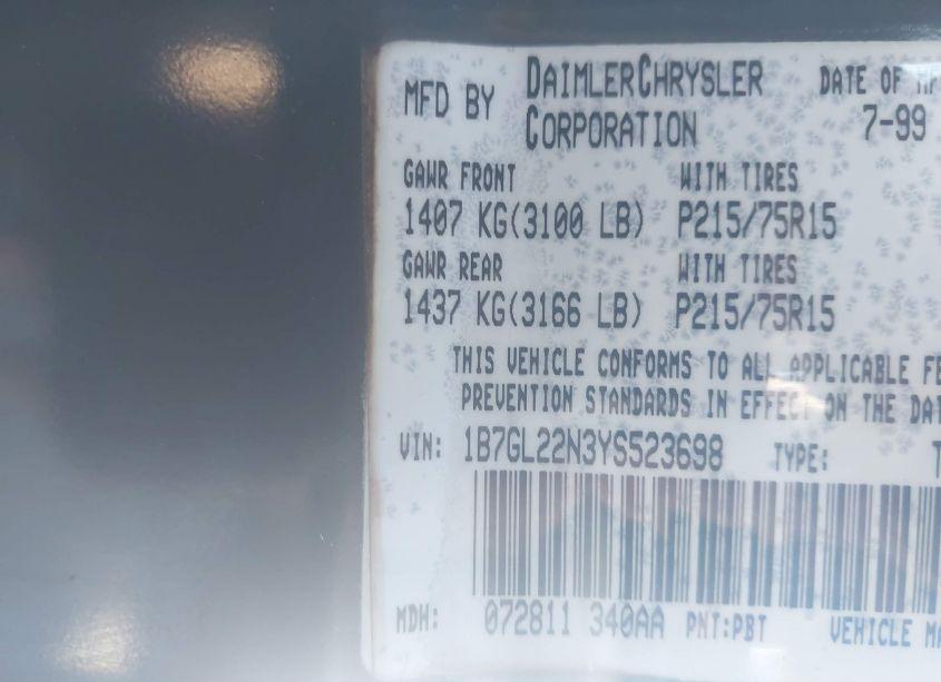 Photo 9 of 2000 Dodge Dakota SLT/SPORT (VIN 1B7GL22N3YS523698)