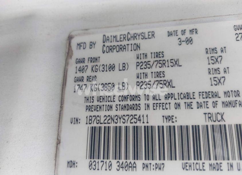 Photo 9 of 2000 Dodge Dakota SLT/SPORT (VIN 1B7GL22N3YS725411)