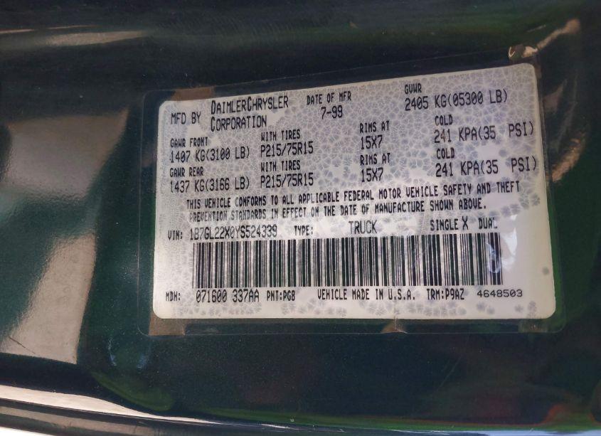 Photo 9 of 2000 Dodge Dakota SLT/SPORT (VIN 1B7GL22X0YS524339)