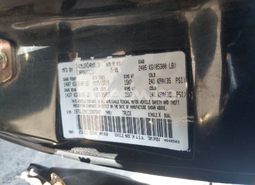 Photo 9 of 2001 Dodge Dakota SLT/SPORT (VIN 1B7GL22X11S307842)